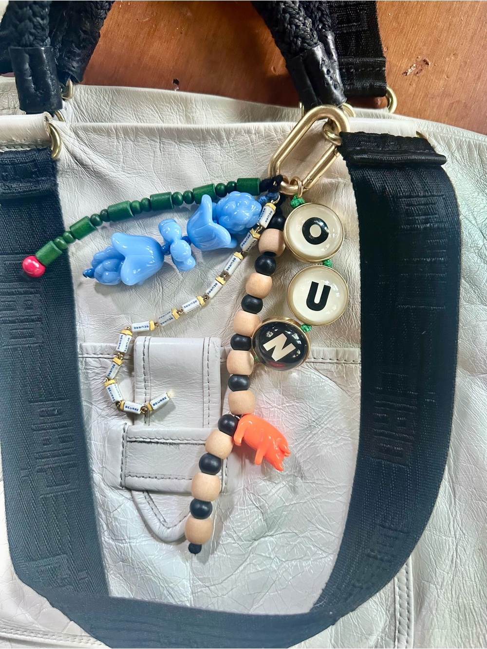 White Tote Bag with Decorative Beaded Charm